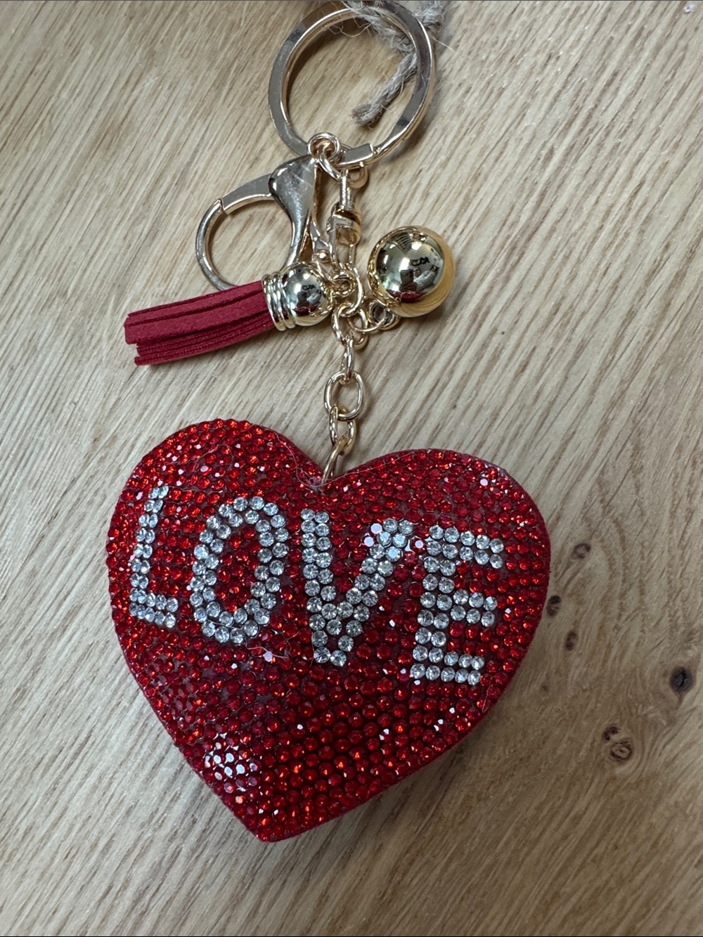Red Rhinestone 'LOVE' Heart Keychain with Gold Hardware